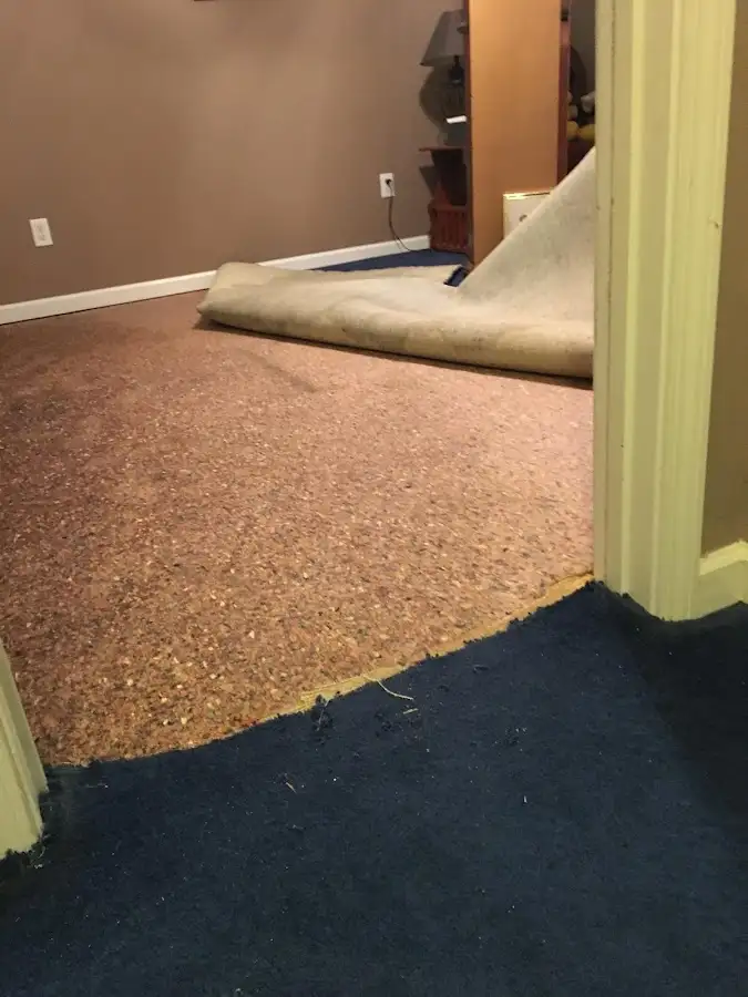 Carpet pad removal revealing water damage during Drying & Dehumidification in Camino Tassajara
